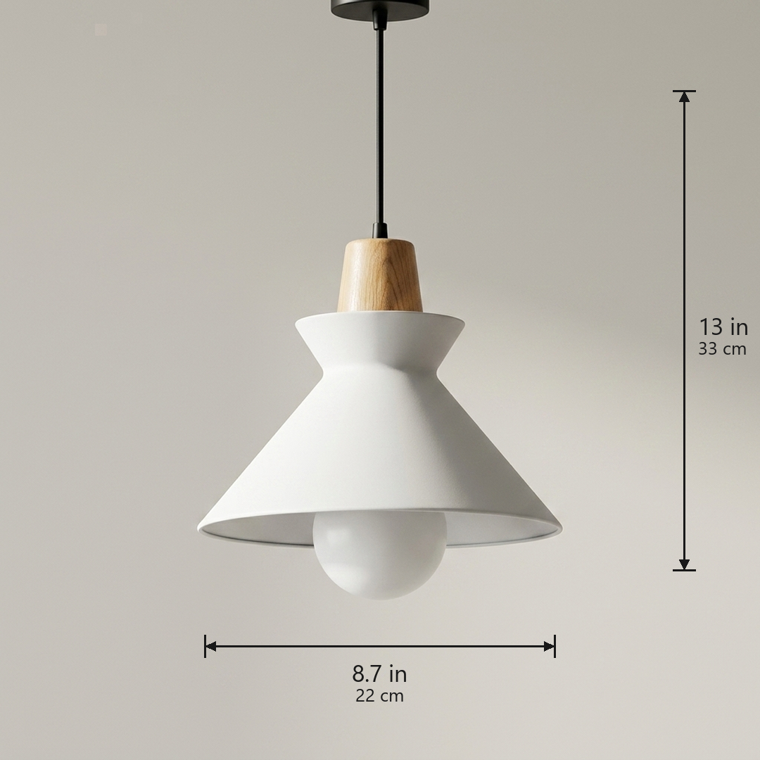 Compact Wood Pendant Light in matte White, dimensions 8.7 by 13 inches