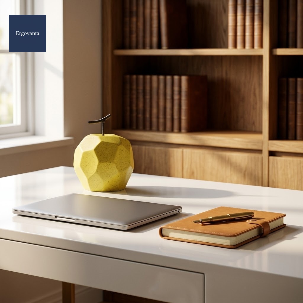 Faceted Porcelain Apple Sculpture - Yellow variant on a home office white-lacquer writing desk