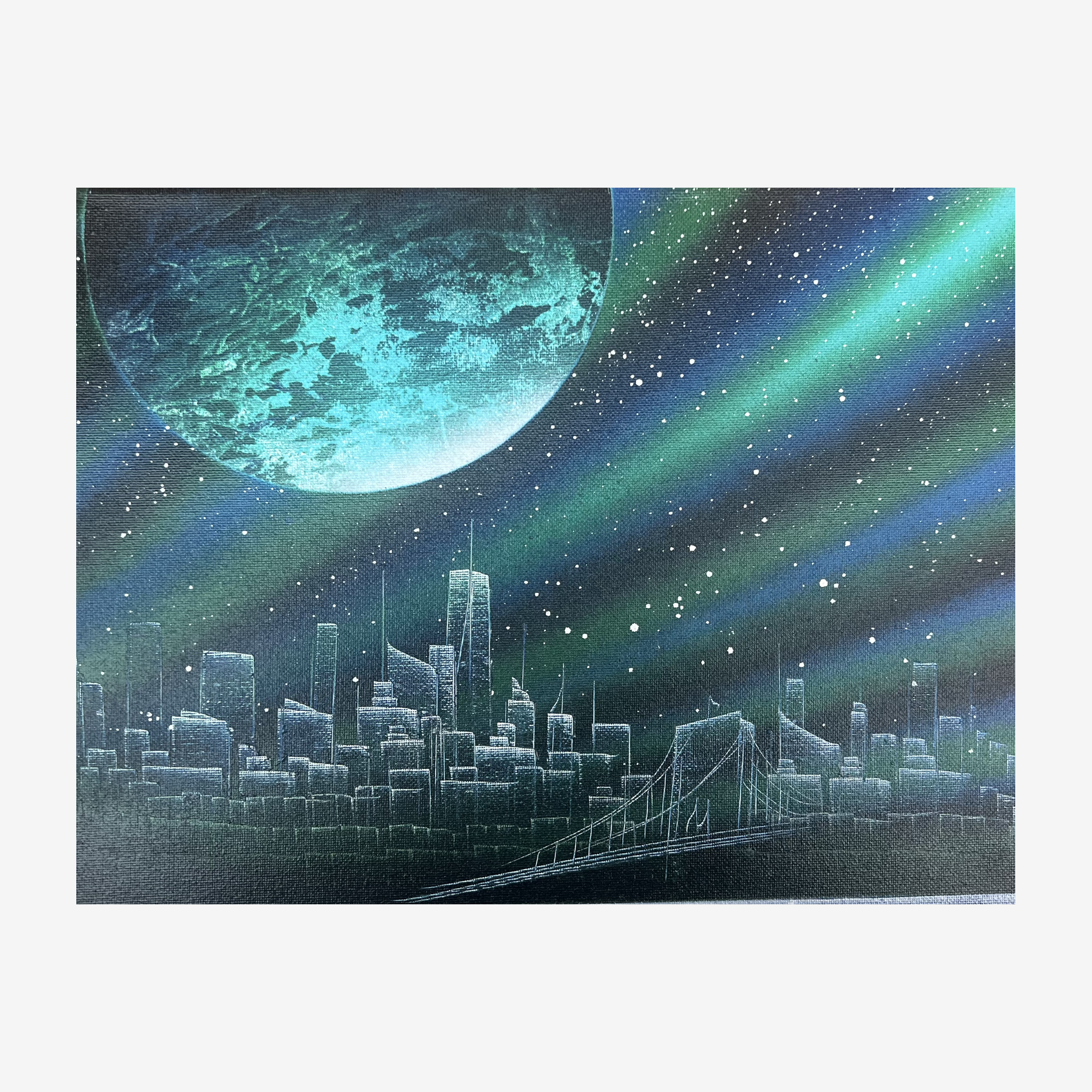 Aurora by Gadzhi Kuliev, hand-painted teal aurora over Manhattan skyline canvas