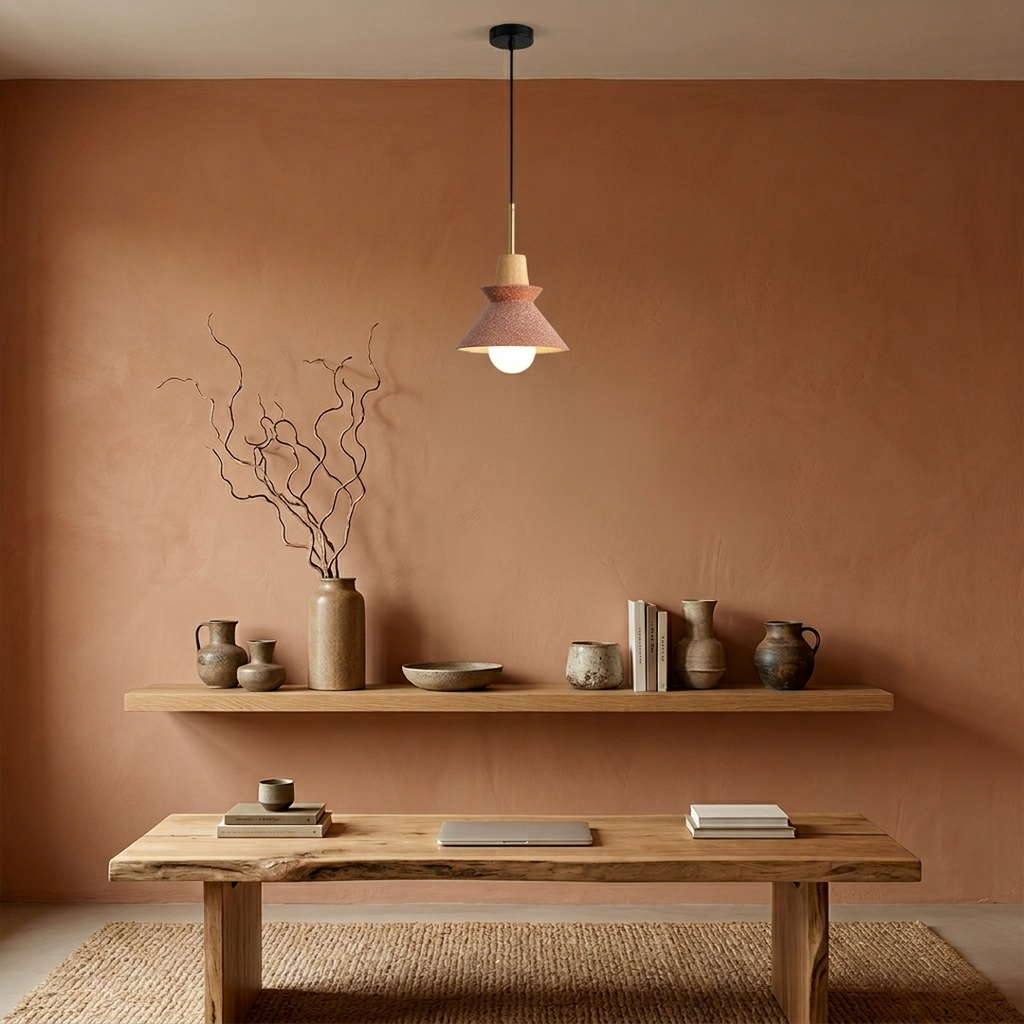 Compact Wood Pendant Light in speckled Stone Orange, in an artisanal studio