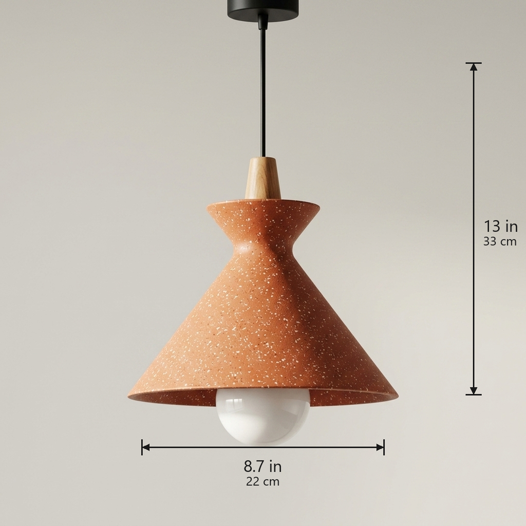 Compact Wood Pendant Light in speckled Stone Orange, dimensions 8.7 by 13 inches