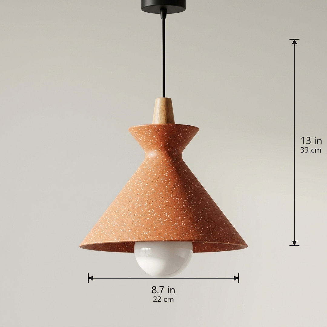 Compact Wood Pendant Light in speckled Stone Orange, dimensions 8.7 by 13 inches