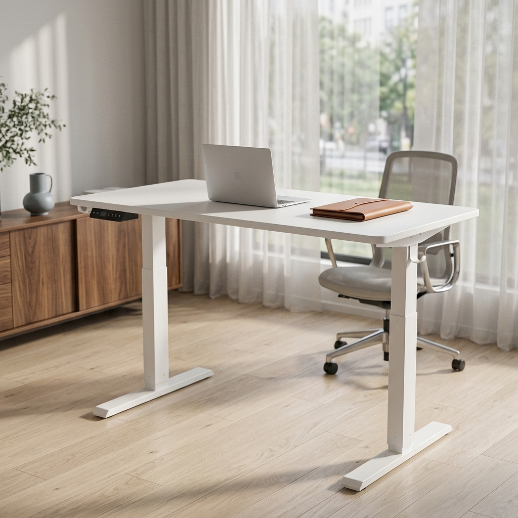 Ascent Electric Standing Desk in white, raised to standing height in a bright workspace