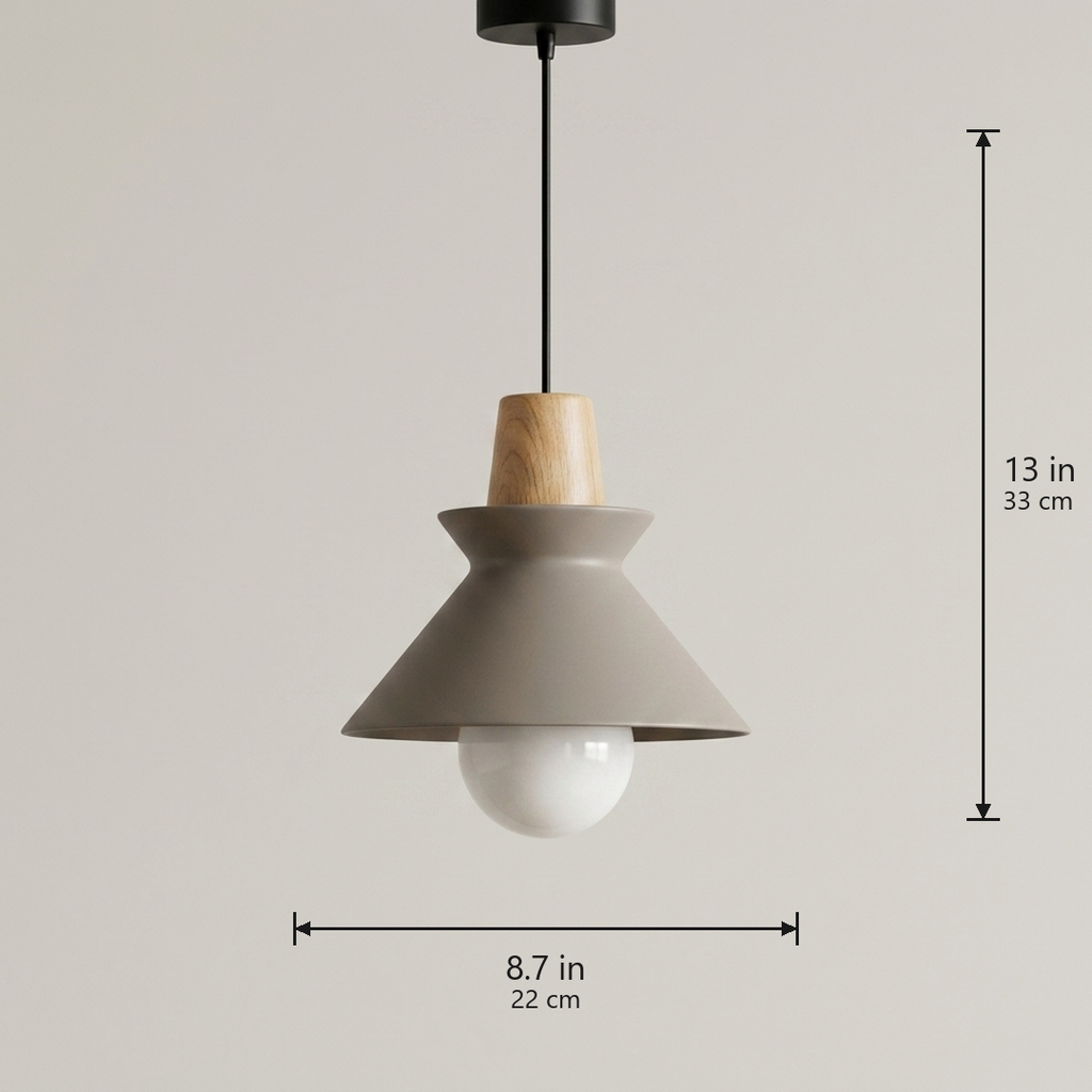 Compact Wood Pendant Light in matte Gray, dimensions 8.7 by 13 inches