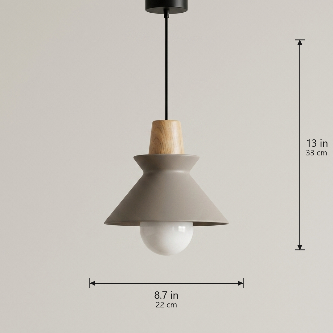 Compact Wood Pendant Light in matte Gray, dimensions 8.7 by 13 inches