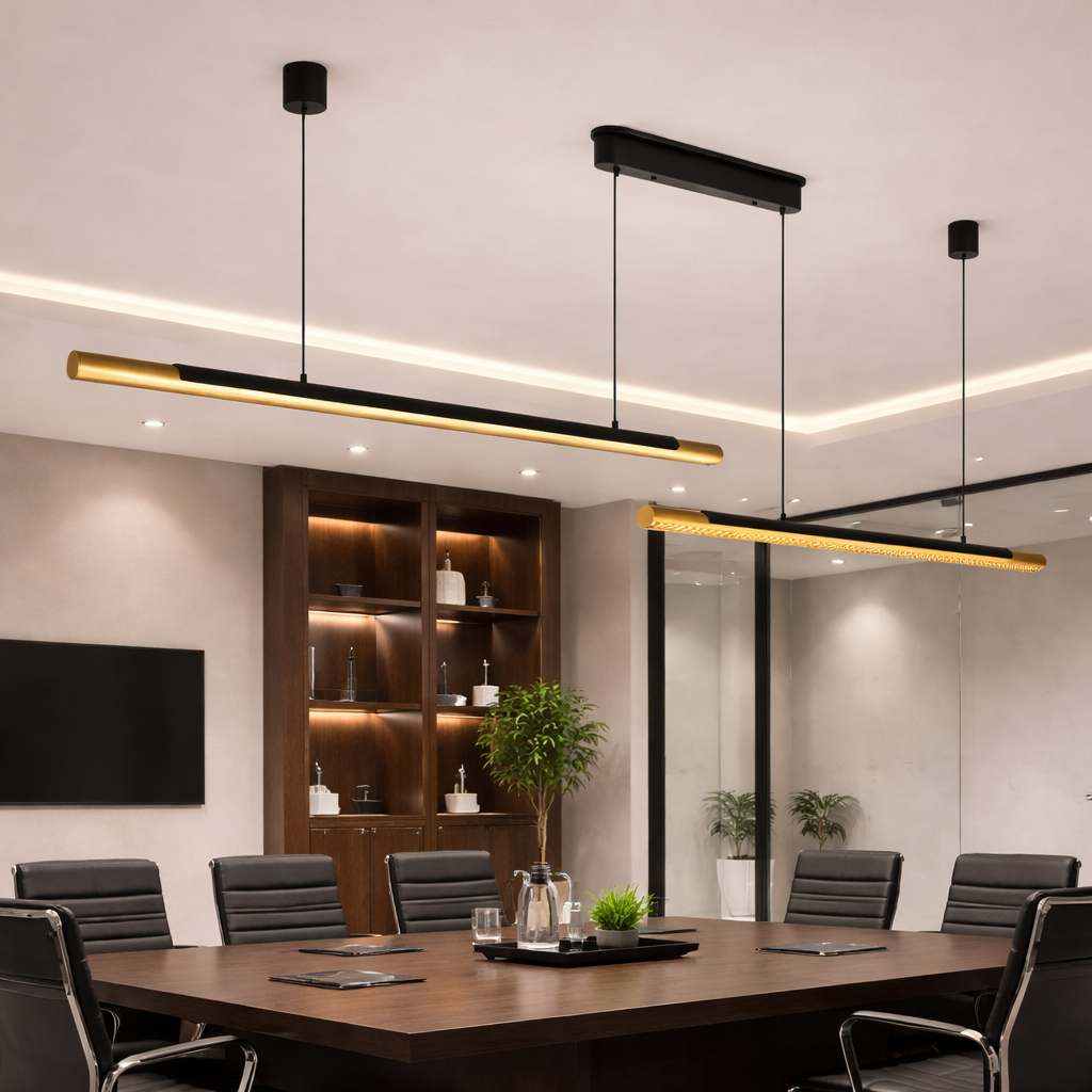 75-Inch Black and Gold Dual Tube LED Pendant Light, styled hero shot
