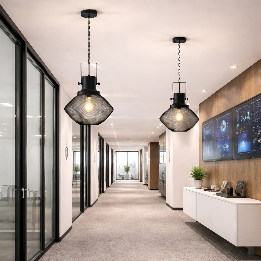 Industrial Steel Mesh Pendant Light, styled hero shot