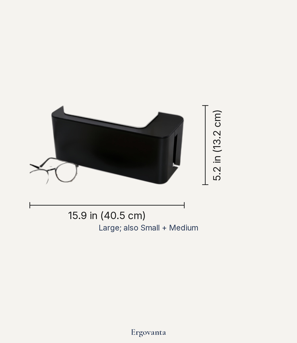 Ergovanta cable management box dimensions - small, medium, and large sizes with measurements