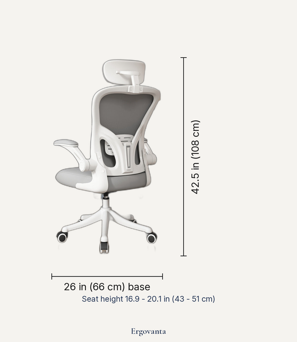 Dimensions of the Ergovanta ergonomic mesh office chair, 26 by 26 by 42.5 inches
