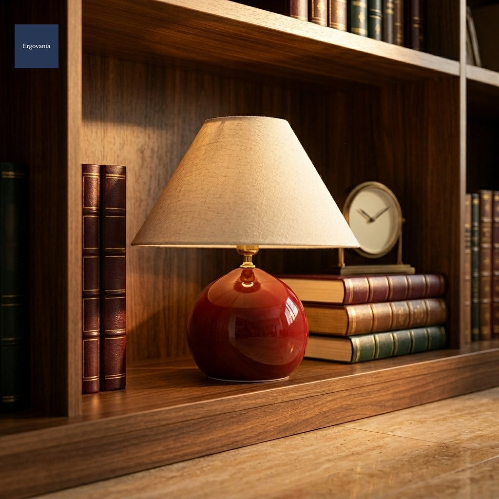 Vintage ceramic lamp on executive library shelf