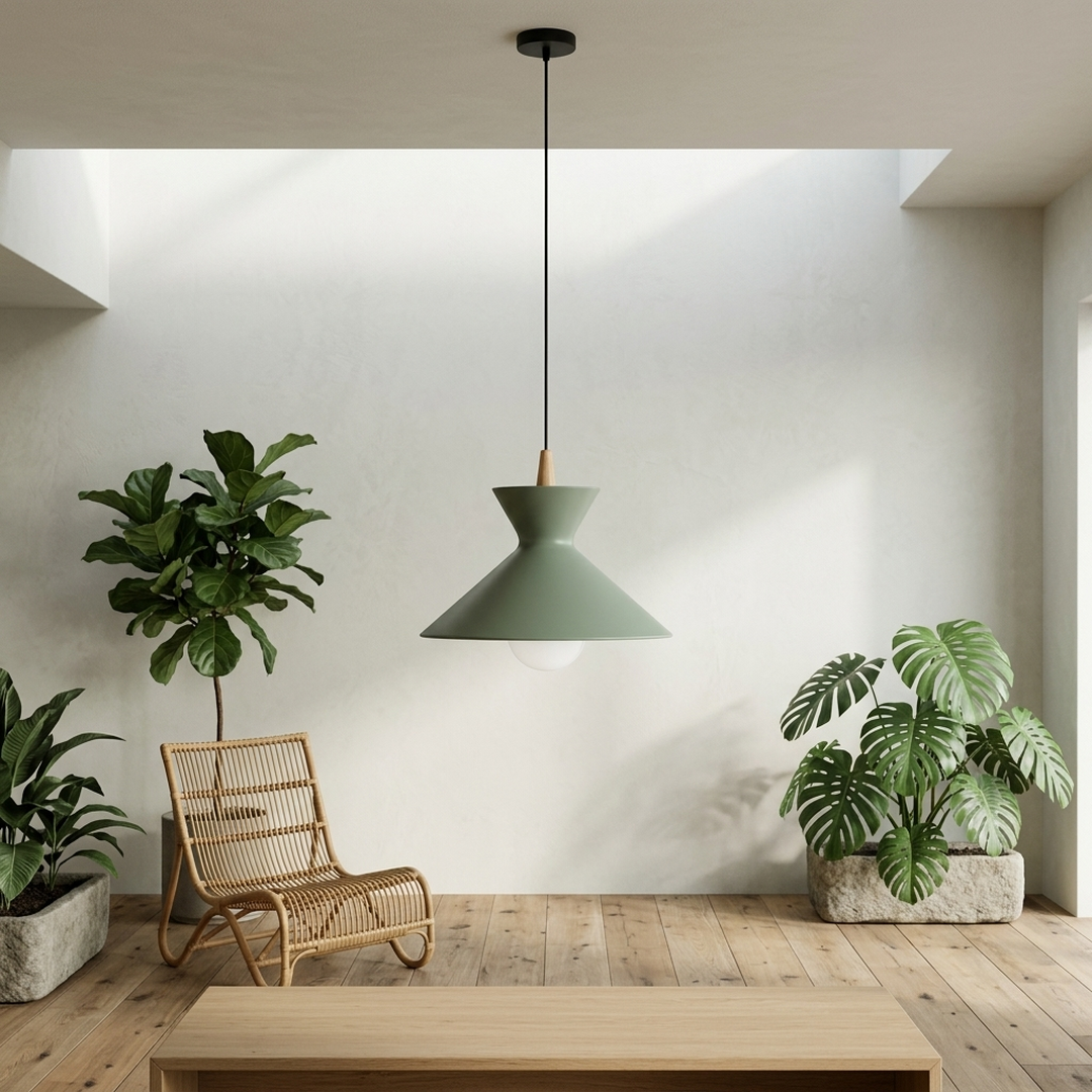 Compact Wood Pendant Light in matte Green, in a biophilic room