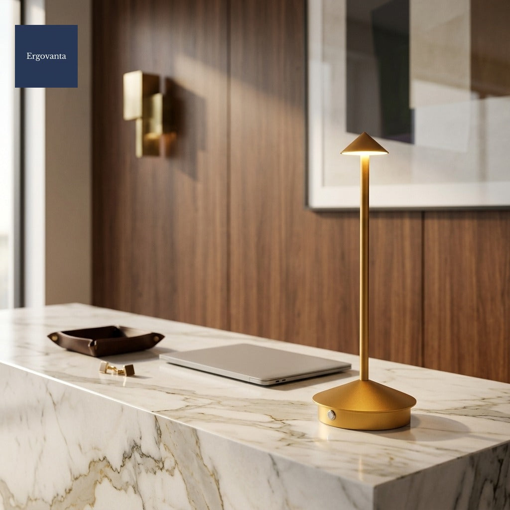 Gold Modernist Aluminum Desk Lamp on a marble reception desk with walnut paneling and leather valet tray