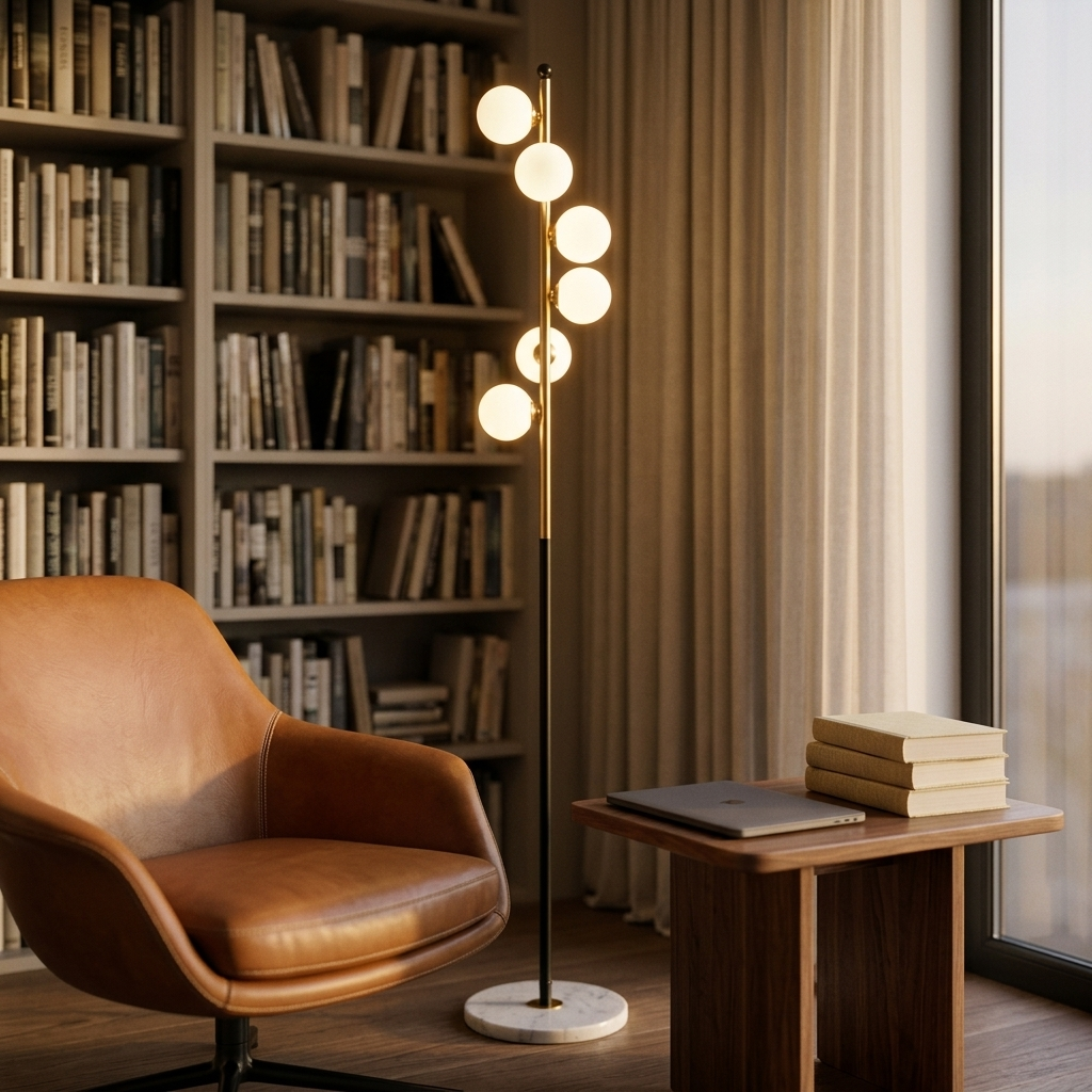 Glass-orb floor lamp in a home-office reading corner