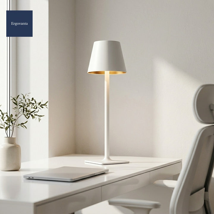 Tall Cordless Touch-Dim Lamp in White on a modern home office desk