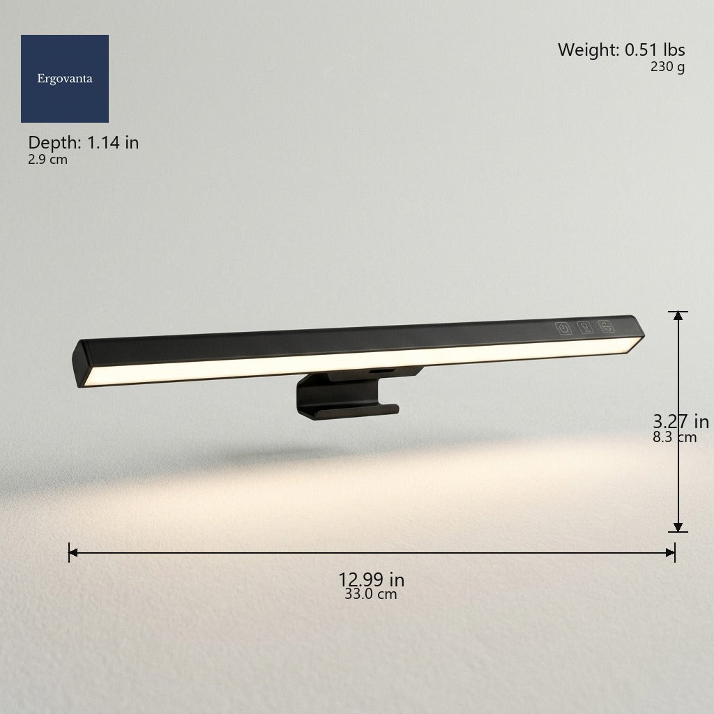 Black Slim Monitor Light Bar dimensions: 12.99 x 3.27 x 1.14 in (33.0 x 8.3 x 2.9 cm), weight 0.51 lbs (230 g)