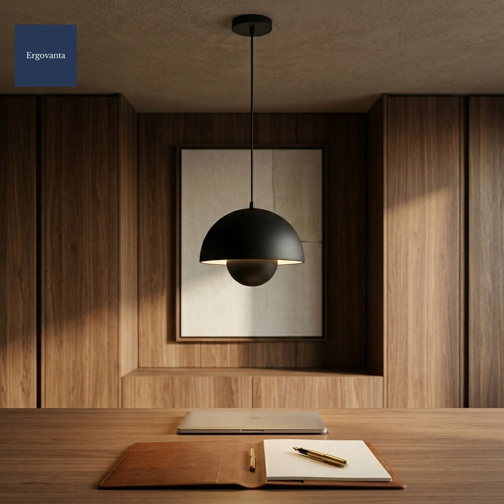 Black Sculptural Bud Pendant in a private executive office with walnut paneling and a leather portfolio