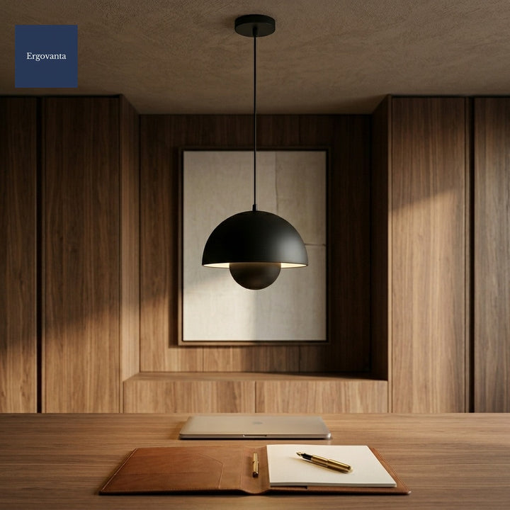 Black Sculptural Bud Pendant in a private executive office with walnut paneling and a leather portfolio