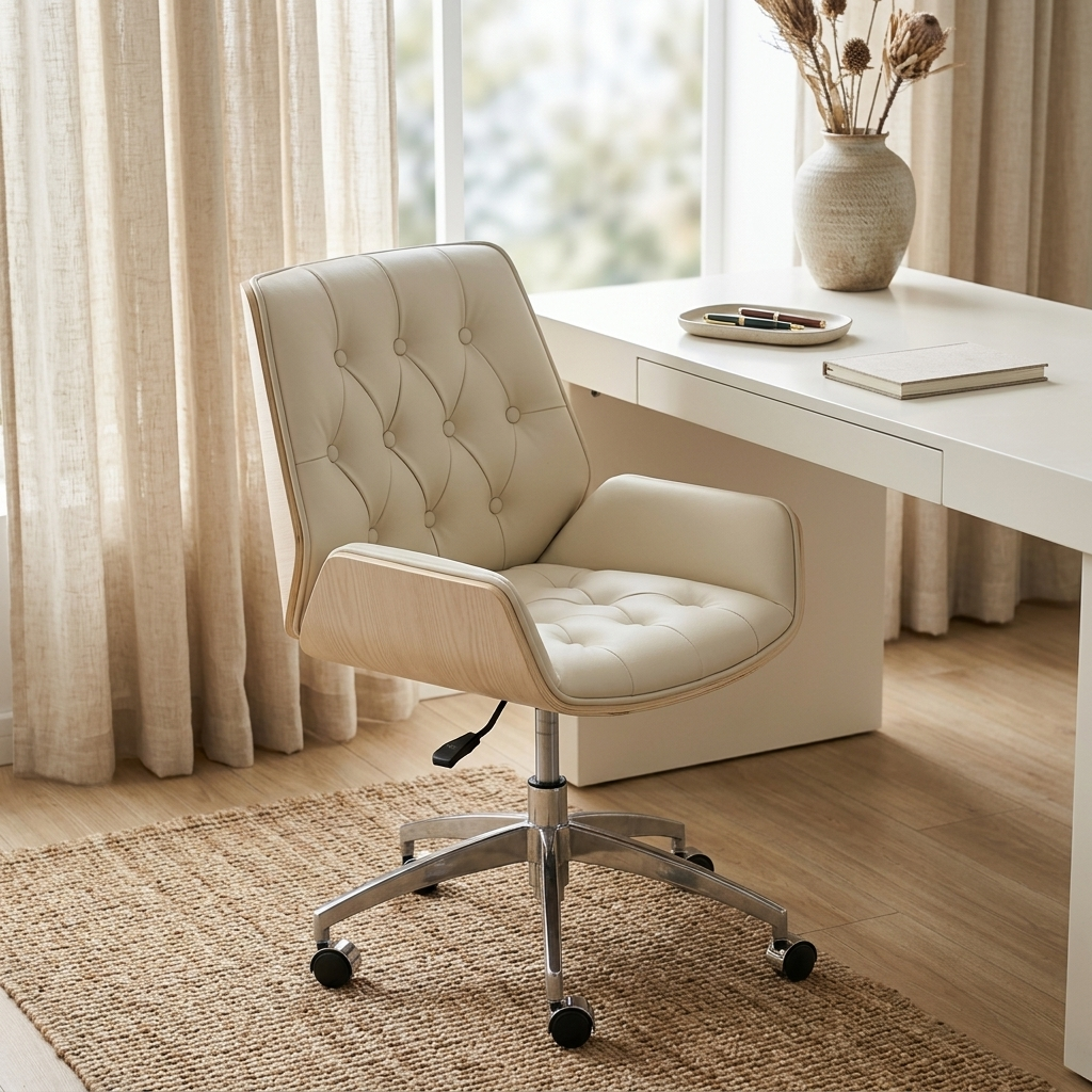 Ash beige bentwood tufted office chair in a bright residential studio