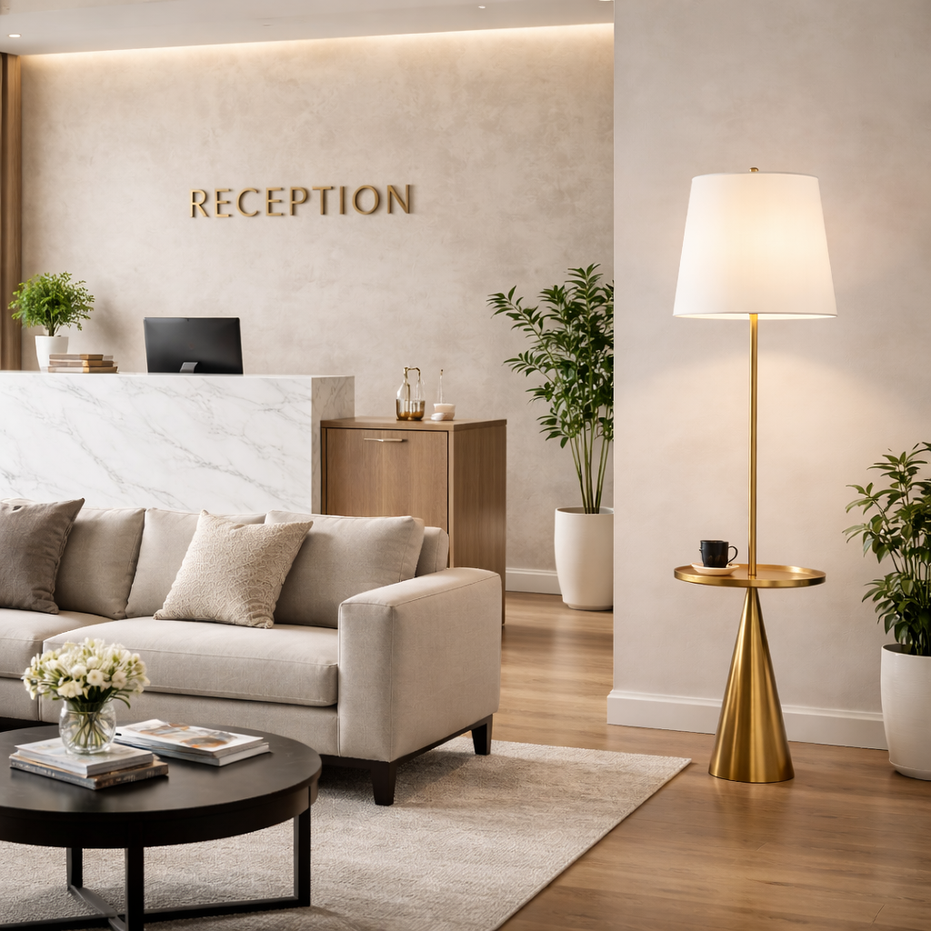 Celestial Modern Floor Lamp with Accent Table, styled hero shot 2