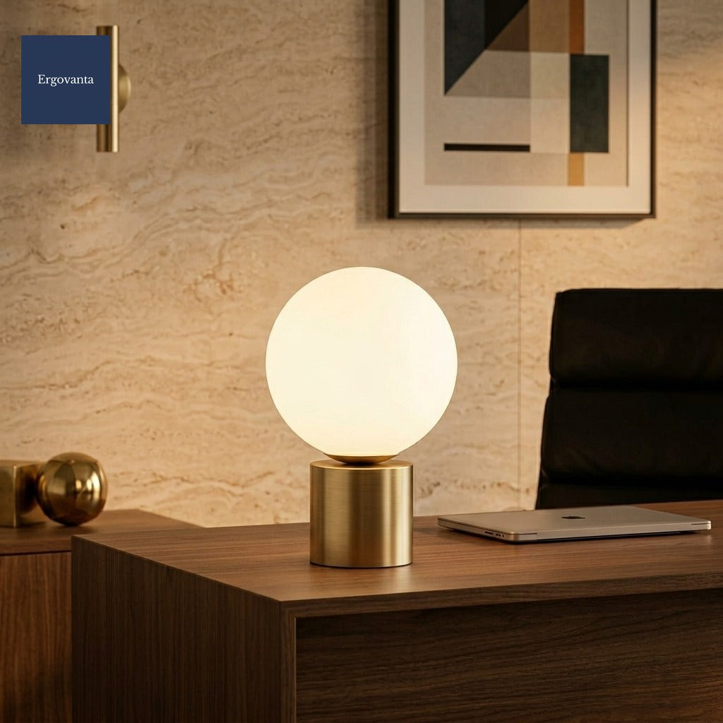 Lunar Glass Table Lamp on a walnut credenza against a travertine wall, warm evening light