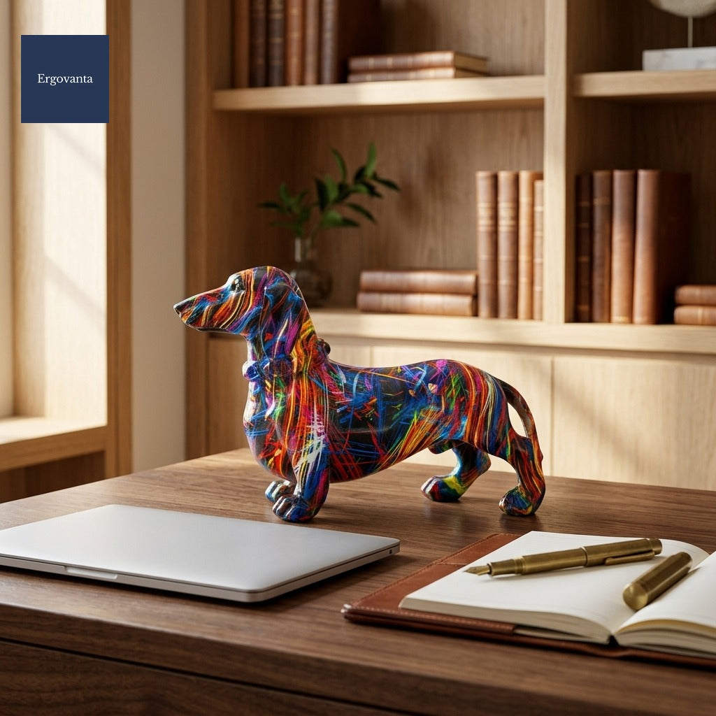 Splatter Dachshund Sculpture, Small variant on a home office walnut writing desk