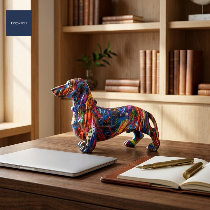 Splatter Dachshund Sculpture, Small variant on a home office walnut writing desk