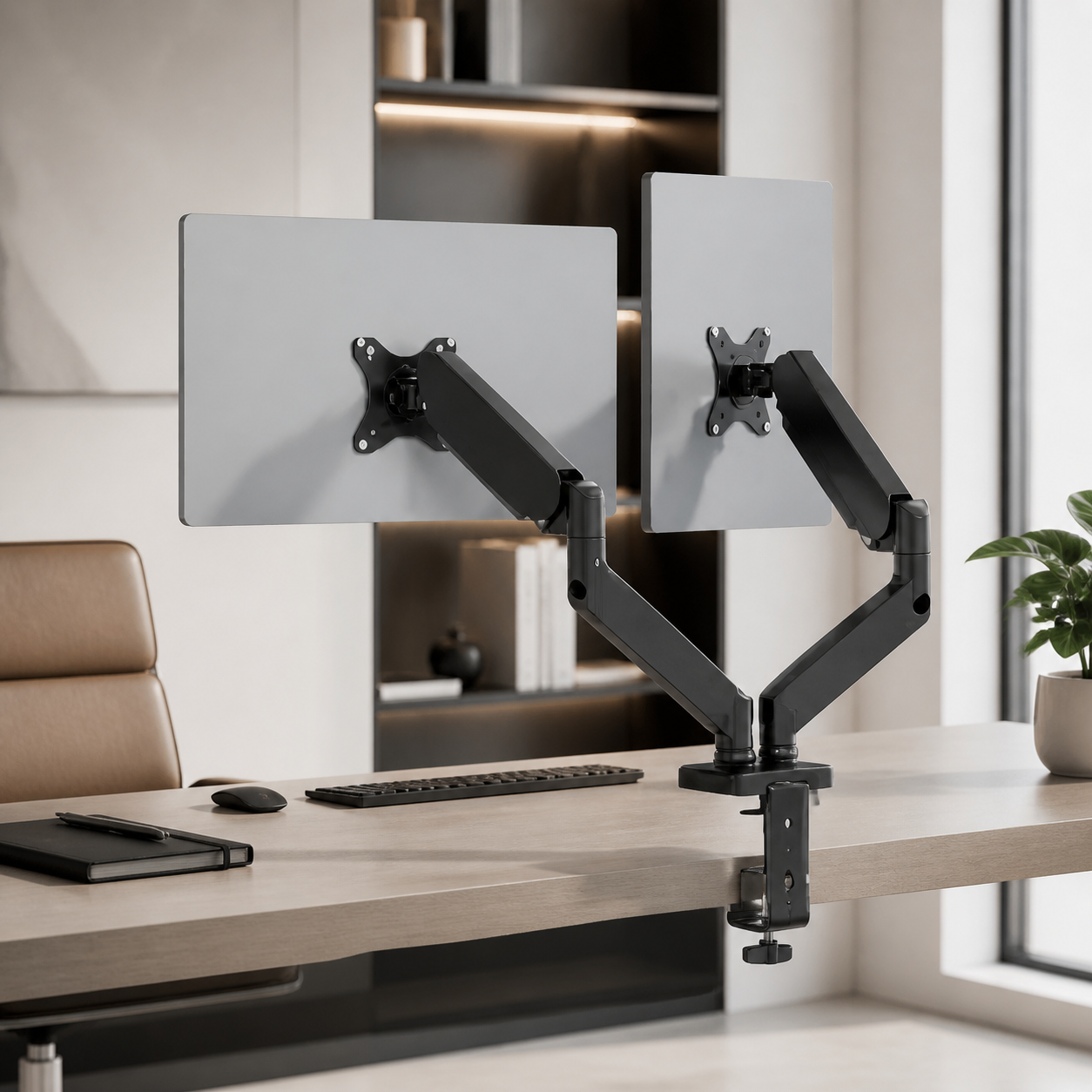 Dual Monitor Arm Mount, styled hero shot