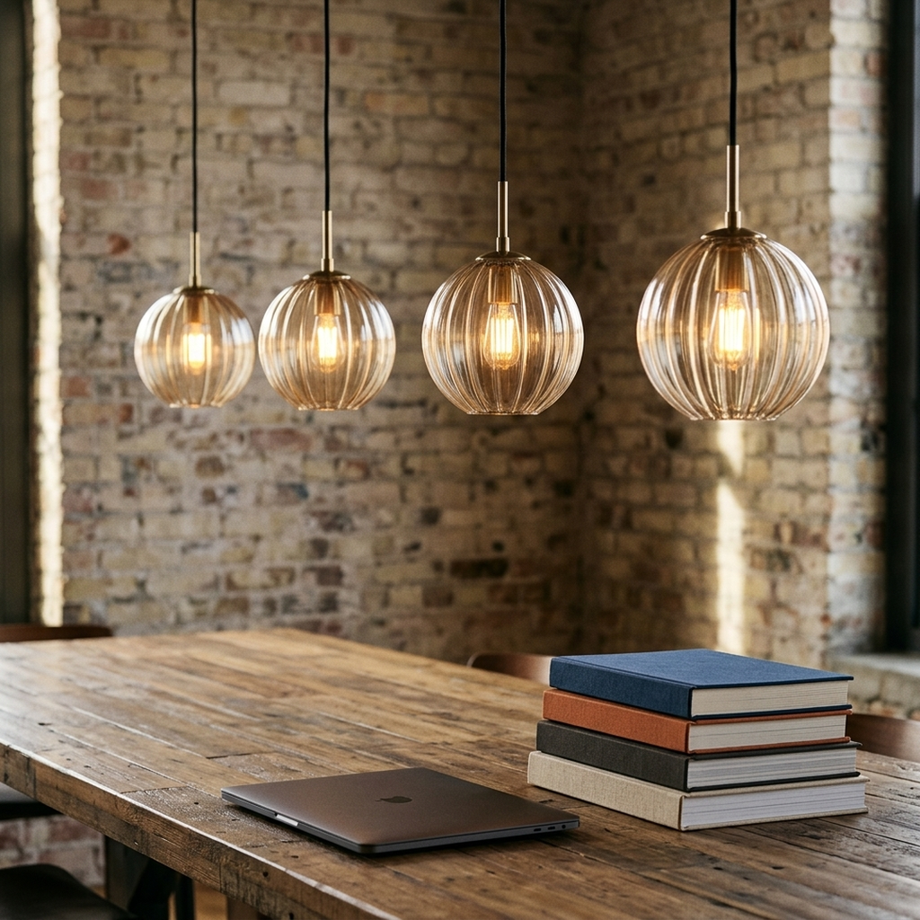 Hand-Blown Colored Glass Pendant Lights, ribbed globe shades over a coworking table