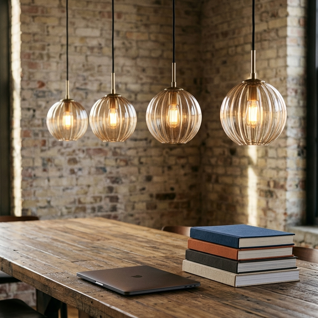 Hand-Blown Colored Glass Pendant Lights, ribbed globe shades over a coworking table