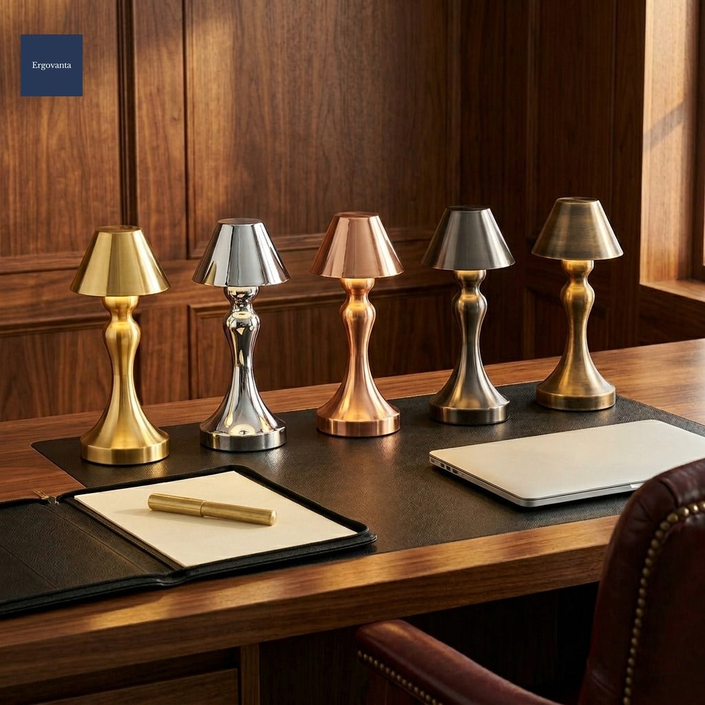 Cordless brushed gold tableside lamp five shade silhouettes hero