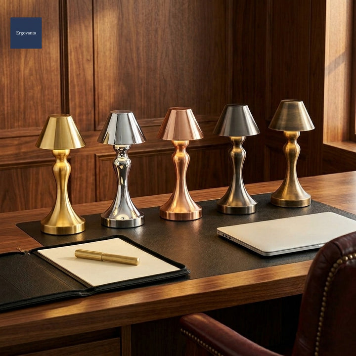 Cordless brushed gold tableside lamp five shade silhouettes hero