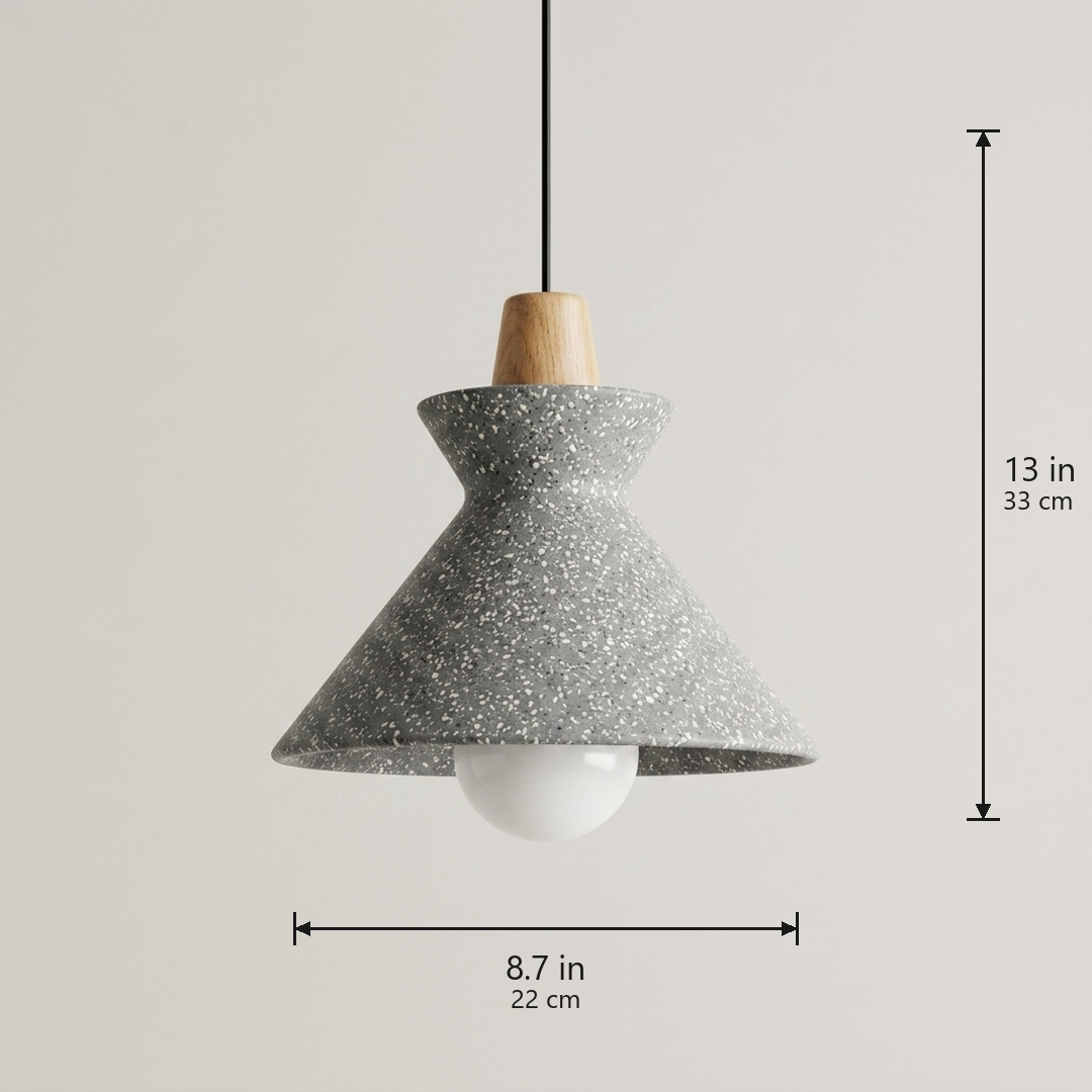 Compact Wood Pendant Light in speckled Stone Gray, dimensions 8.7 by 13 inches