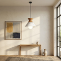 Compact Wood Pendant Light in matte White, in a limewashed study