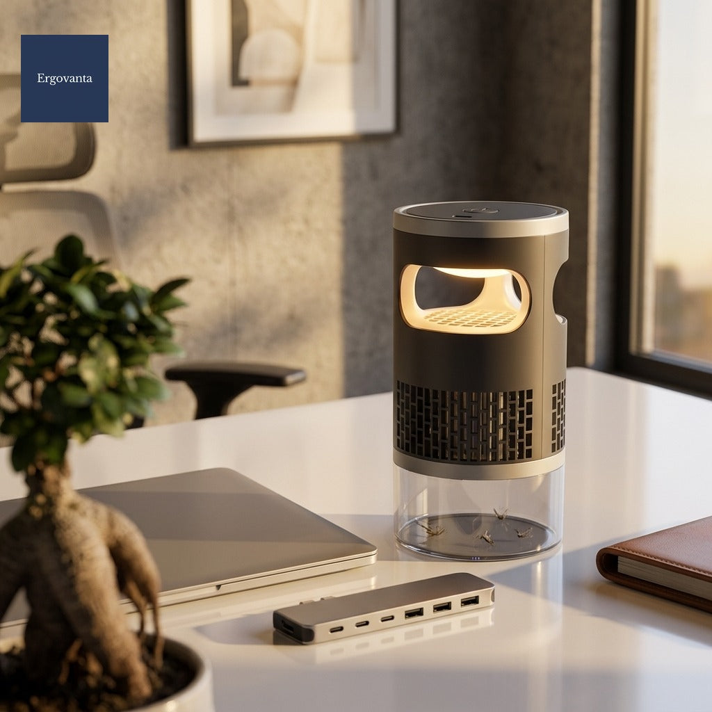 Executive Cordless Mosquito Lamp on a white-lacquer desk in a private coworking pod at golden hour