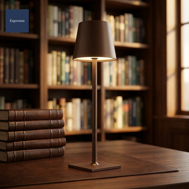 Tall Cordless Touch-Dim Lamp in Brown on a leather-topped traditional corporate desk