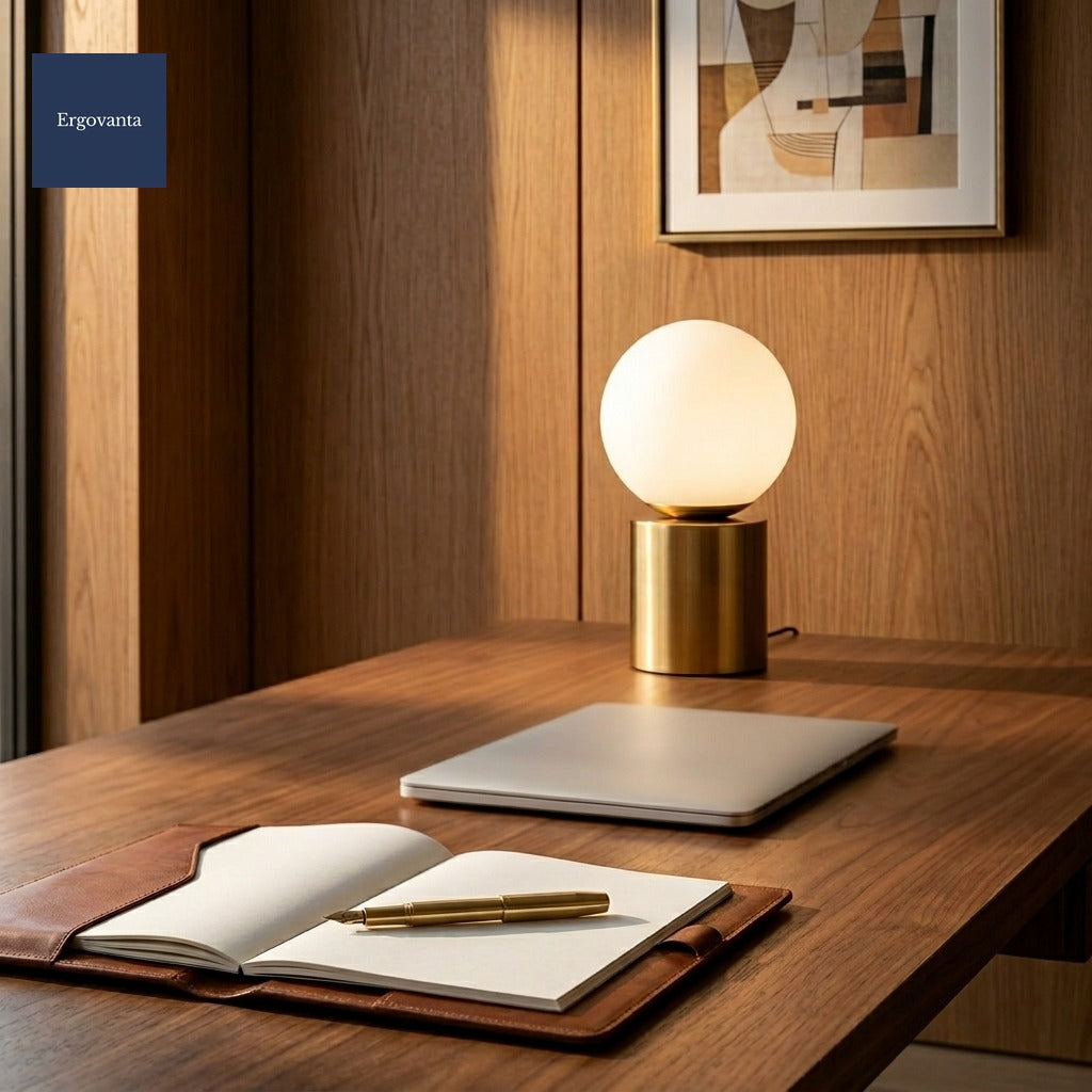 Lunar Glass Table Lamp on a walnut writing desk with leather portfolio and brass fountain pen, golden hour