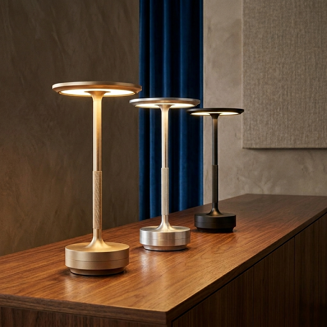 Cordless Disc Table Lamp in gold, silver and black on a console