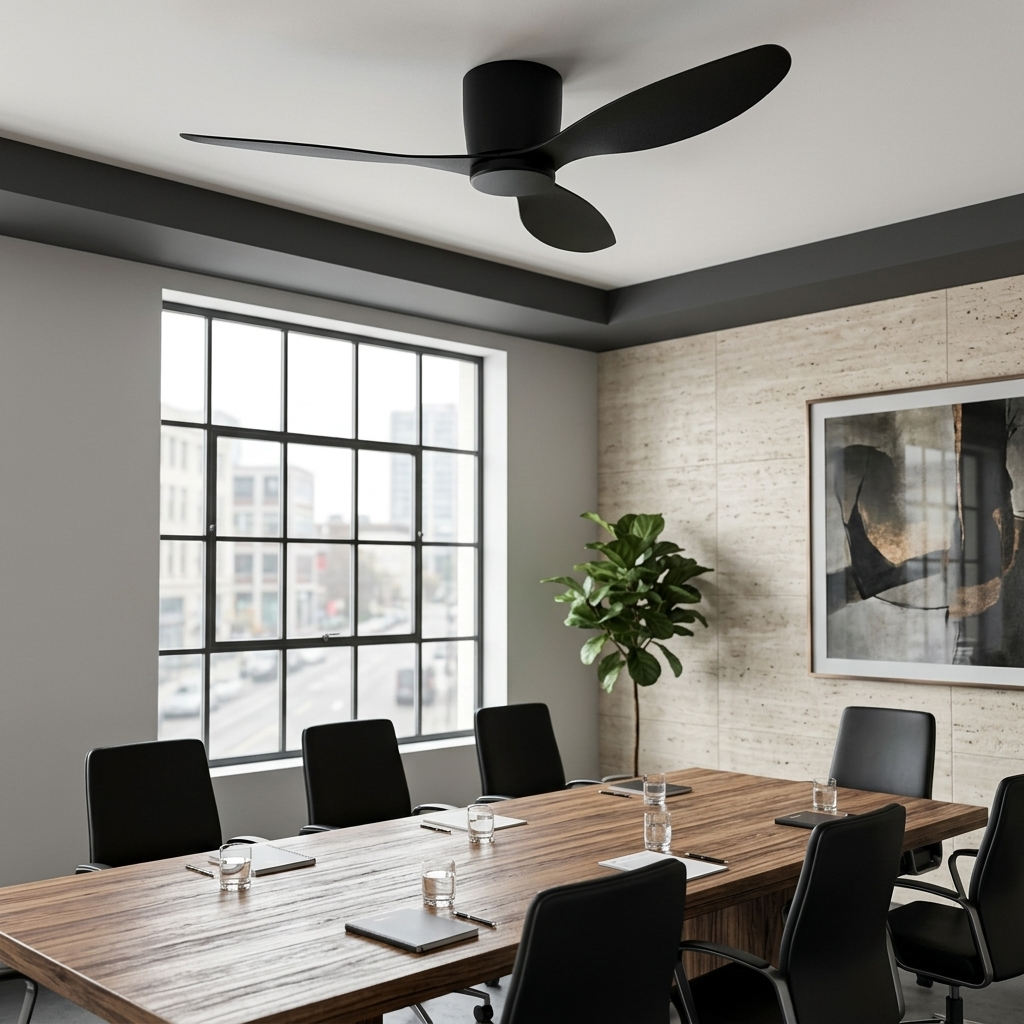 All-black flush-mount ceiling fan above a corporate meeting room