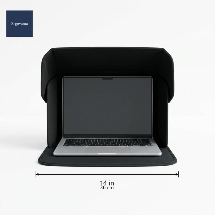 Foldable Privacy Laptop Sleeve - 14 in variant dimensions, white seamless studio, sleeve deployed with laptop nested inside