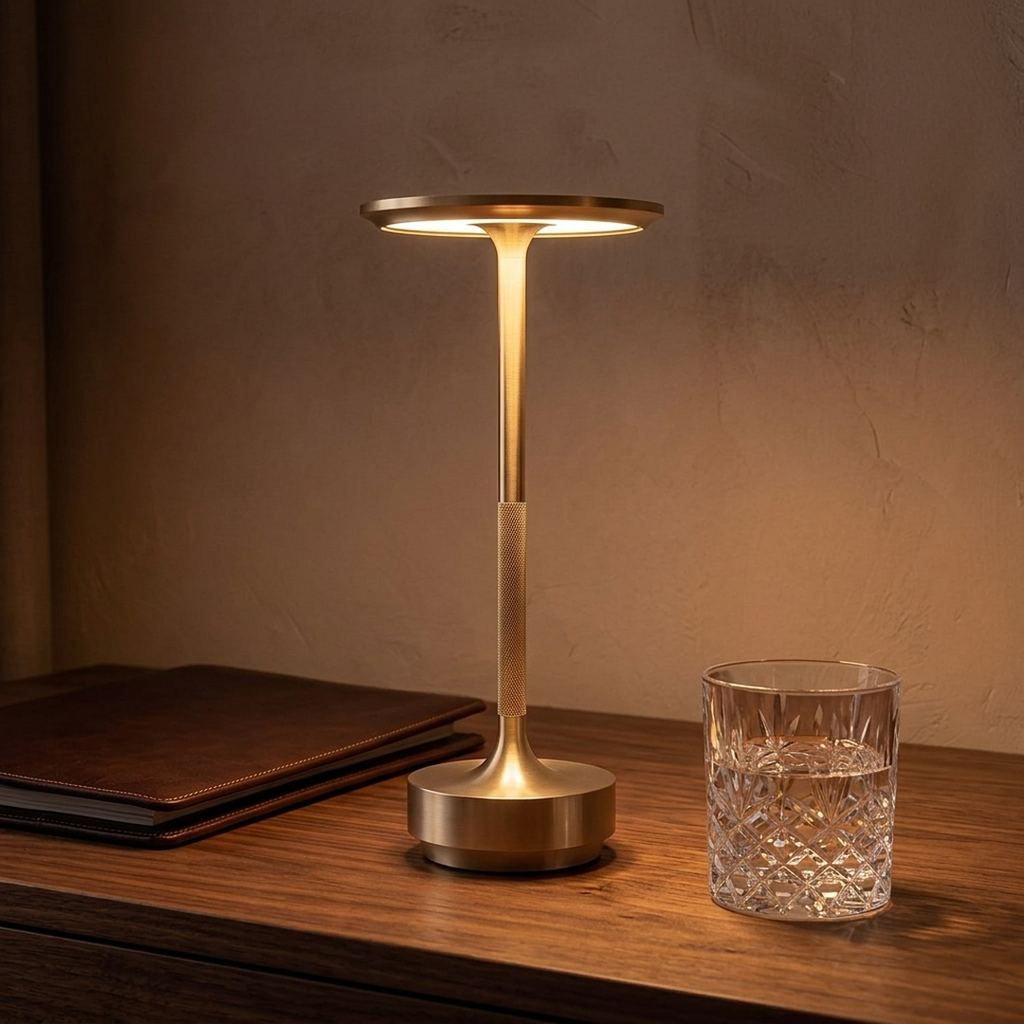 Cordless Disc Table Lamp in Gold on a desk