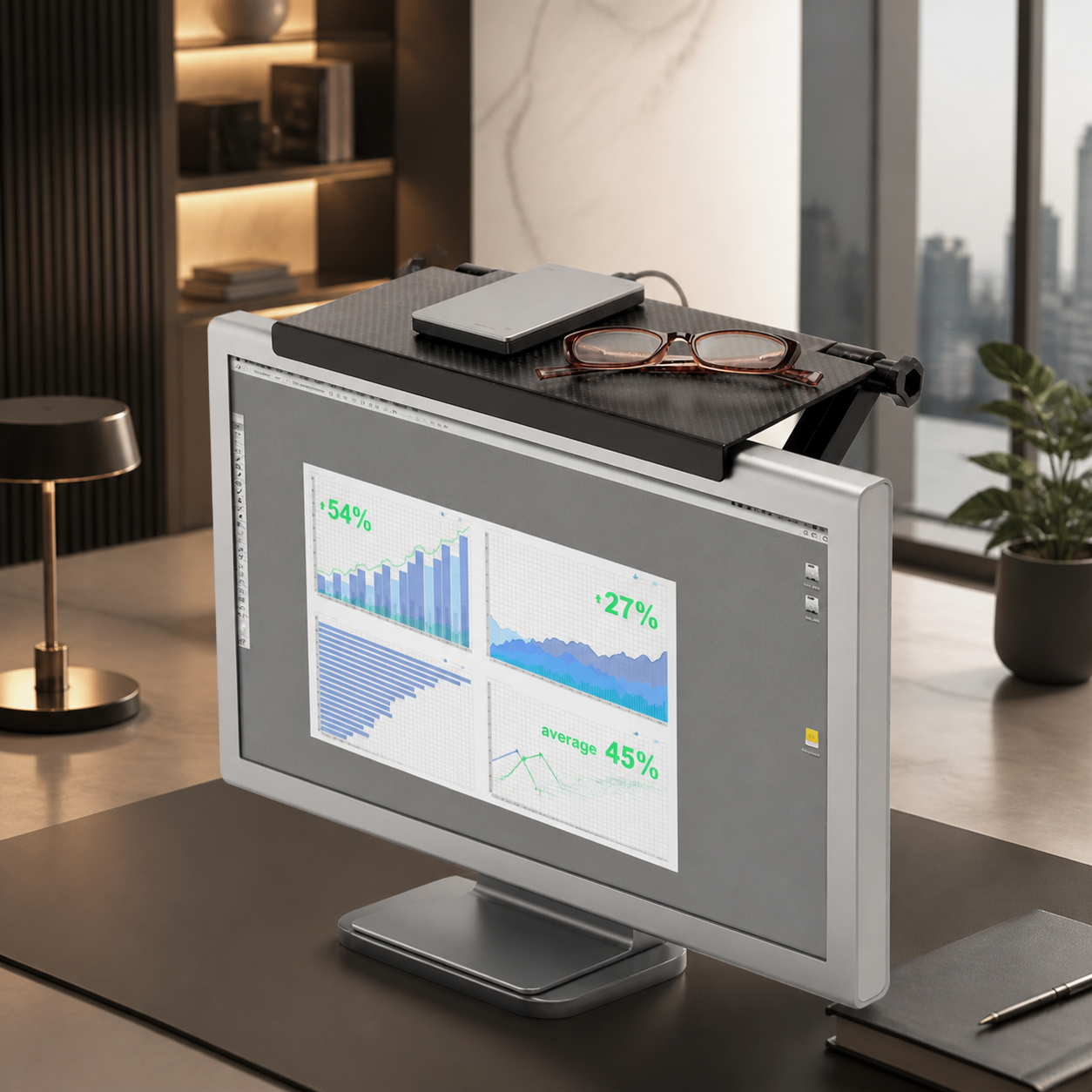 Monitor Top Storage Shelf, styled hero shot 2