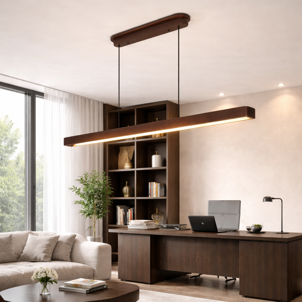51-Inch Walnut LED Linear Pendant Light, styled hero shot 3