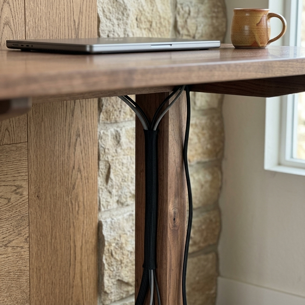 Black woven cable sleeve gathering monitor, charger, and dock cables into one clean run behind a walnut desk