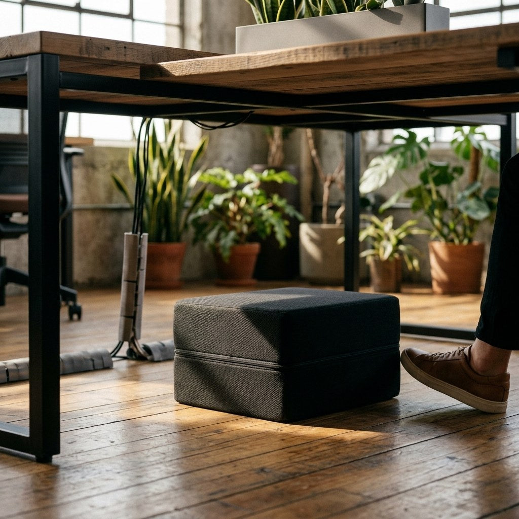 Ergonomic desk footrest under a coworking desk