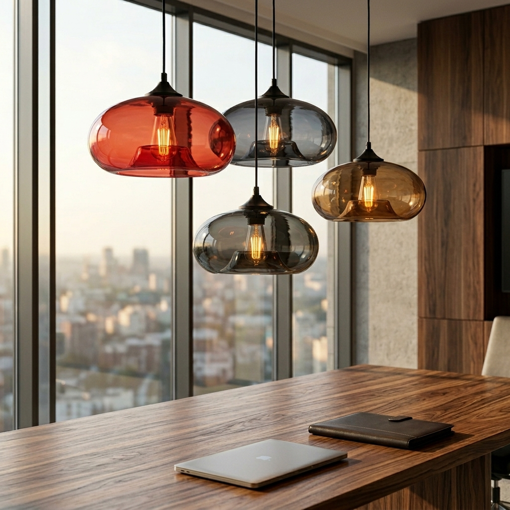 Hand-Blown Colored Glass Pendant Lights, oval shades over an office meeting table