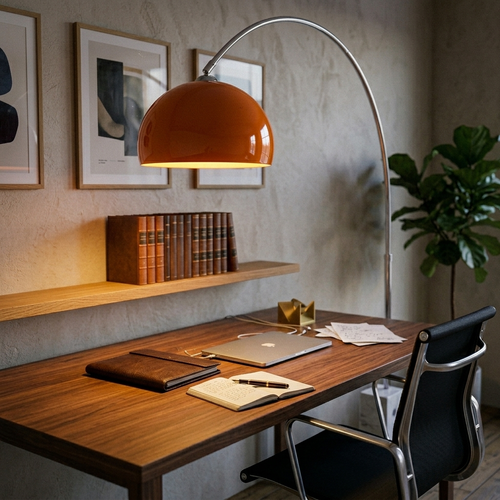 Arc Floor Light in orange over a home office desk