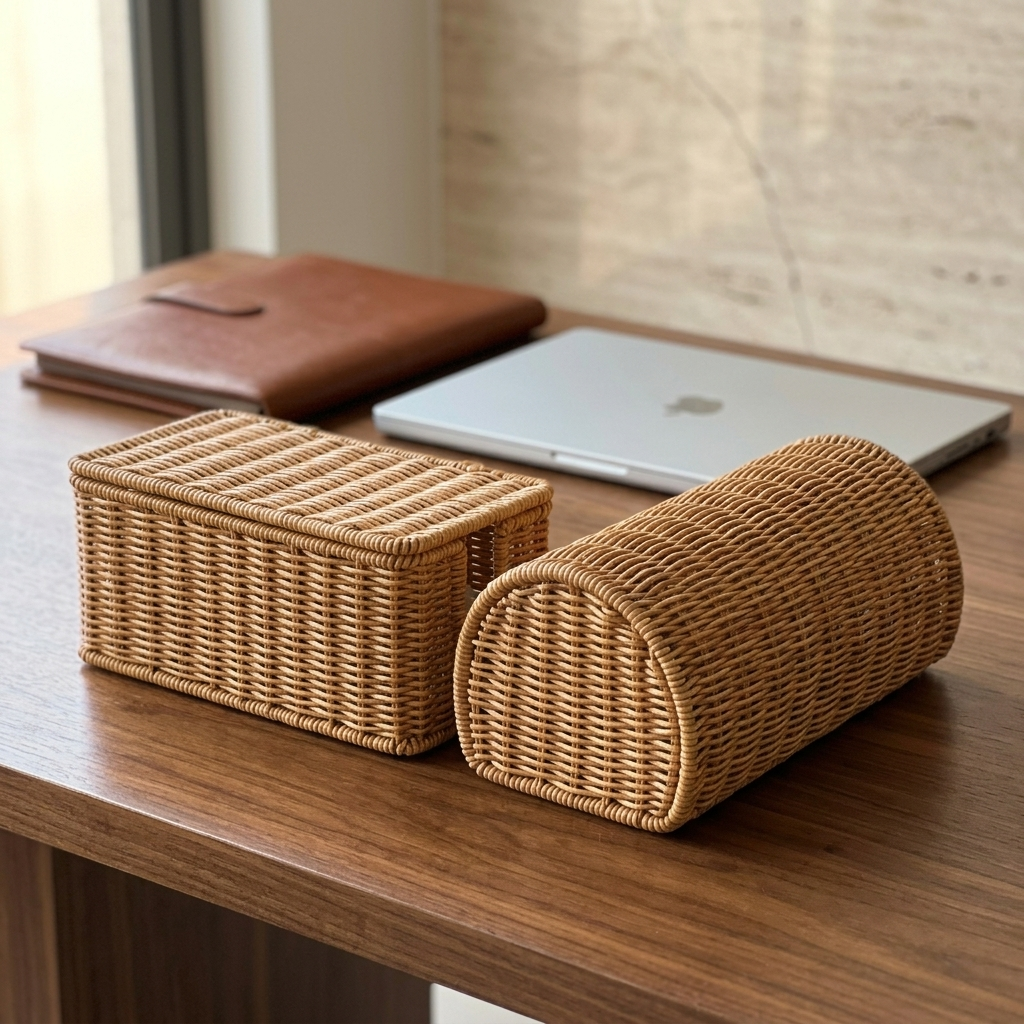 Woven rattan-look cable box with lid - square and round styles on a walnut desk