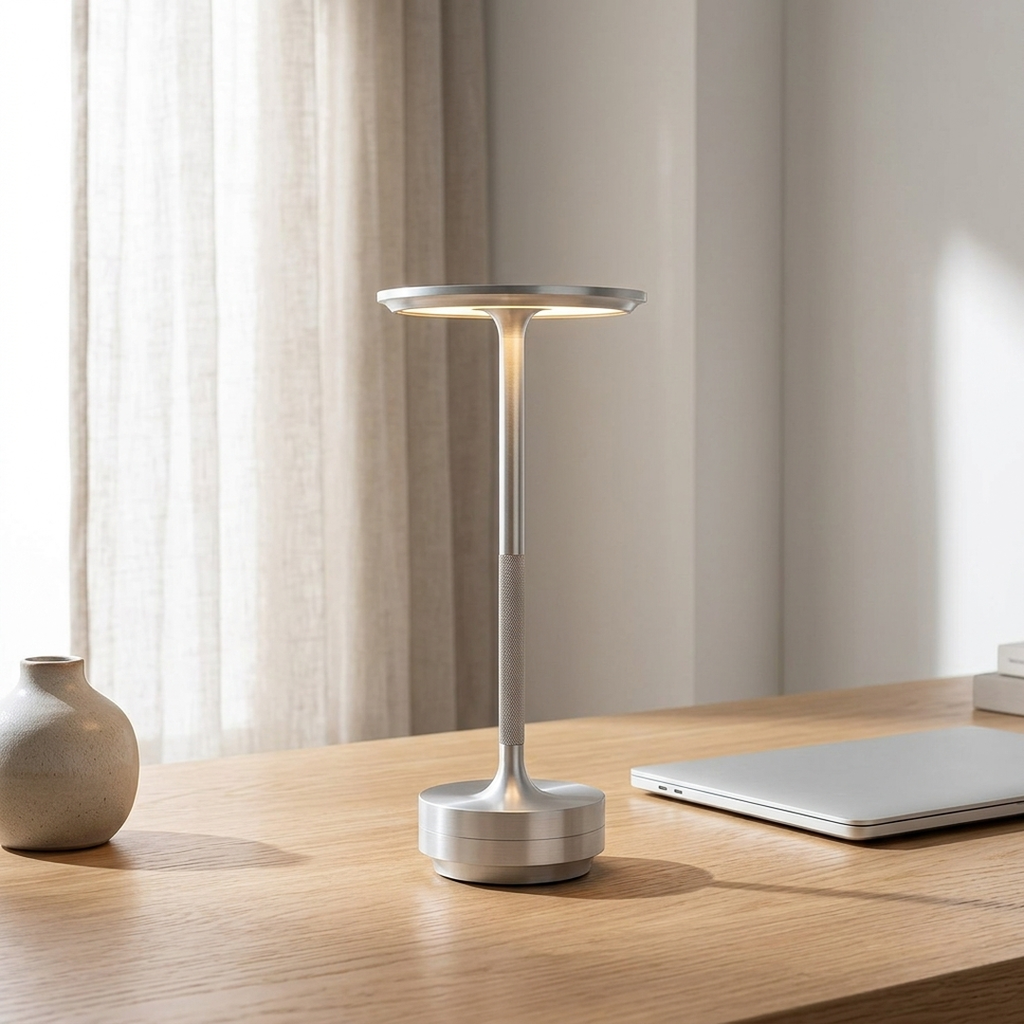 Cordless Disc Table Lamp in Silver on a desk