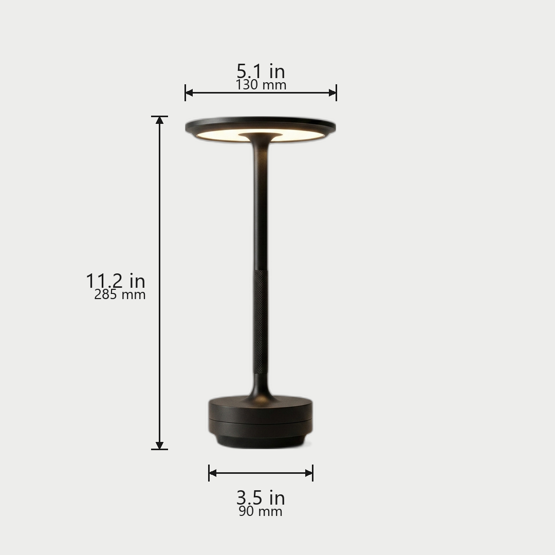 Halo Cordless Table Lamp dimensions in Black - 11.2 in / 285 mm tall, 5.1 in / 130 mm top, 3.5 in / 90 mm base