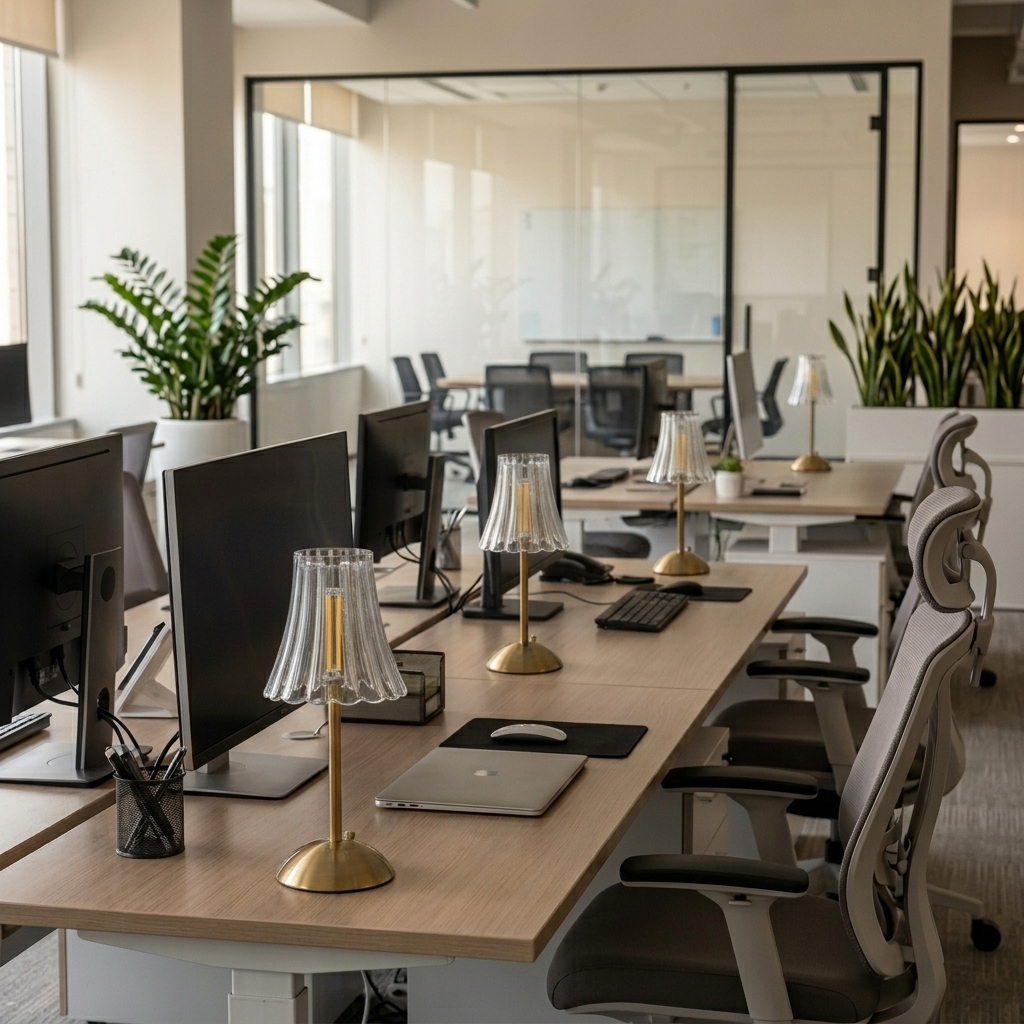 cowork-retro-horn, several units across a corporate workspace, no text